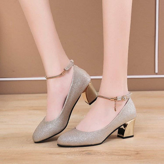 Women's High Heel Chunky Heel Pumps Round Toe Fashionable All-match Work Shoes - Mubimart