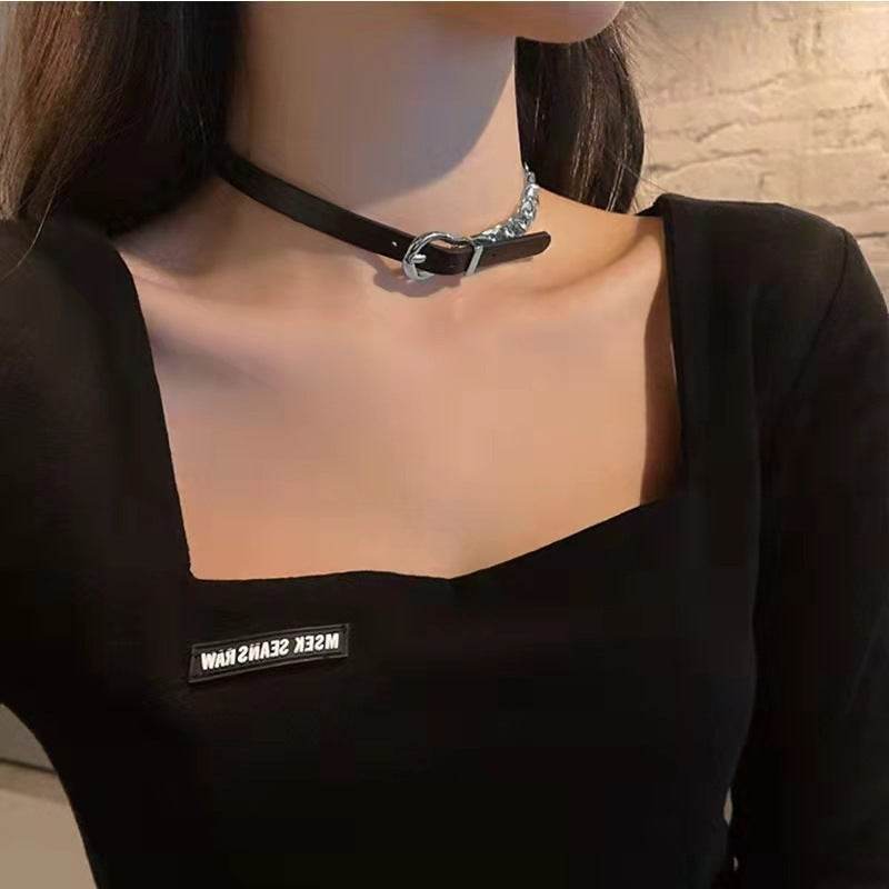 Punk Titanium Steel Cuban Chain Leather Choker Necklaces For Women - Mubimart