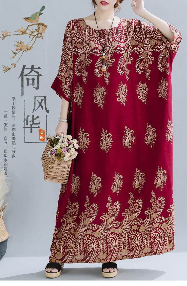 Spring Ethnic Style Plus Size Women's Cotton Silk Robe Loose Dress - Mubimart