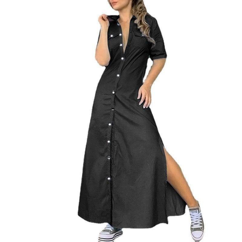 Women's Solid Color Button Denim Plus Size Long Dress - Mubimart