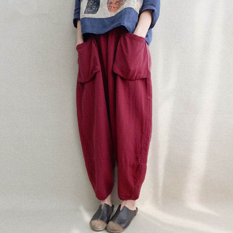 Women Autumn Elastic Waist Solid Pockets Harem Pants Cotton Linen Loose Long Capris Pantalon Trousers Plus Size - Mubimart