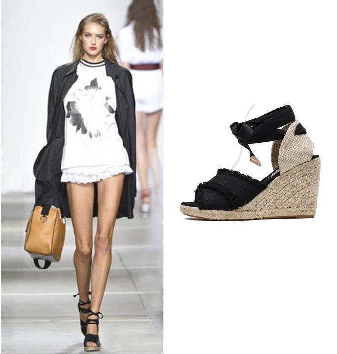 Lace-up wedge heel women sandals - Mubimart