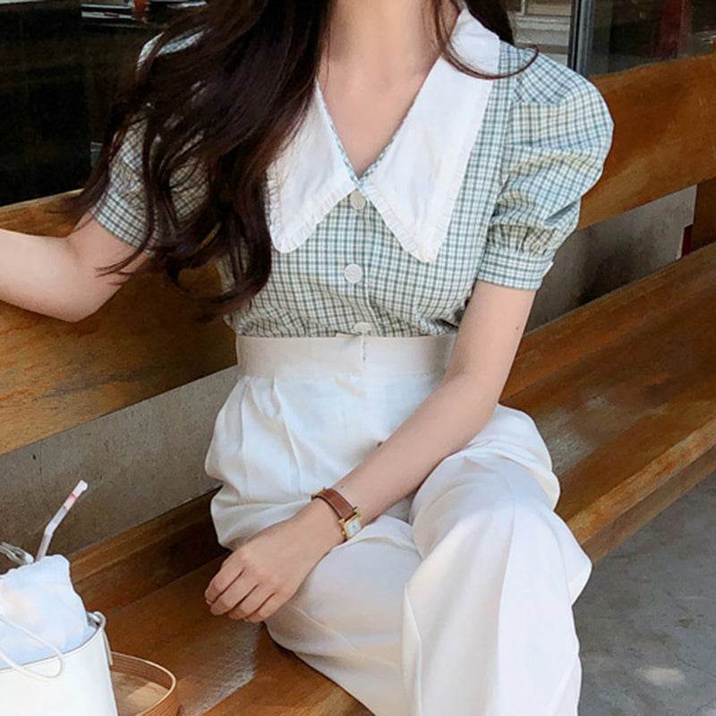 Puff Sleeve Blouse Women Retro Plaid Doll Collar Shirt - Mubimart