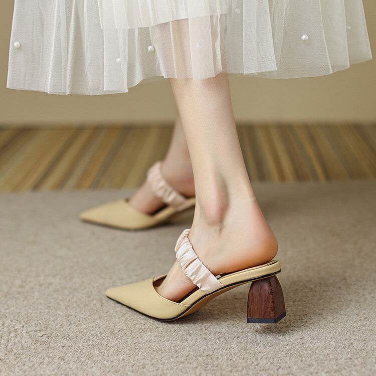 Women's Summer New Steam Wave Kitten Heel Metal Buckle Slippers - Mubimart