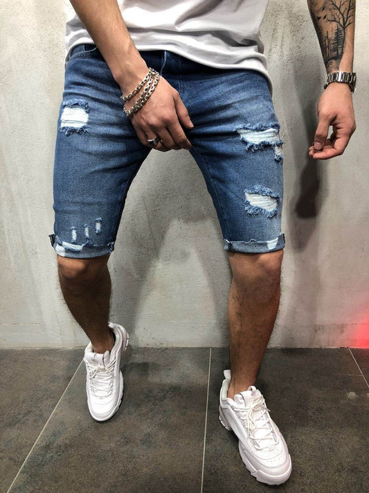 Denim shorts with slim holes and slim men's shorts - Mubimart
