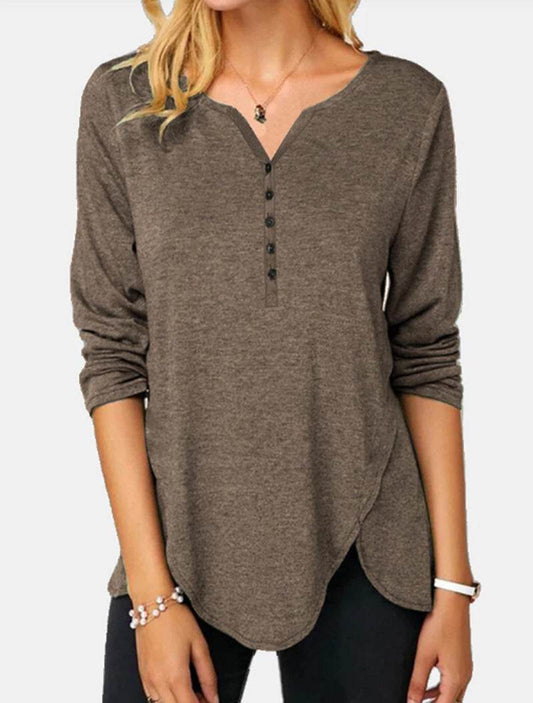 Long Sleeve V-neck Single-breasted Plus Size T-shirt - Mubimart