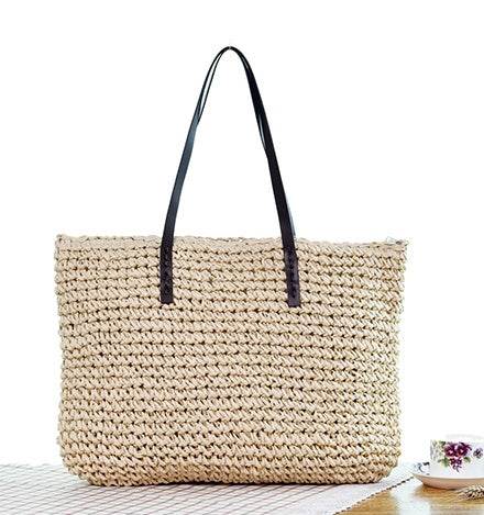 Women Handbag Summer Beach Bag Rattan Woven Handmade Knitted Straw Large Capacity Totes Leather Women Shoulder Bag Bohemia New - Mubimart