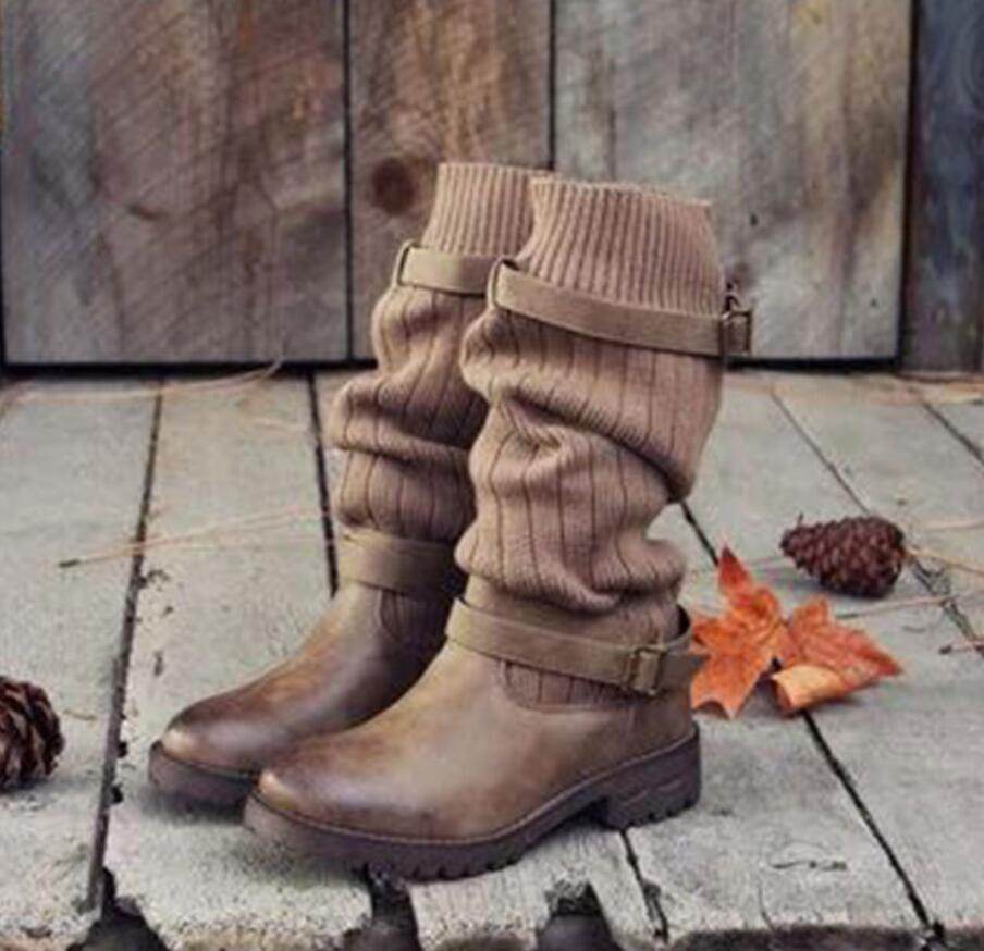 Vintage Style Winter Women Lady Warm Plush Fur Knitted Woolen Cotton Booties Martin Boot Shoes - Mubimart