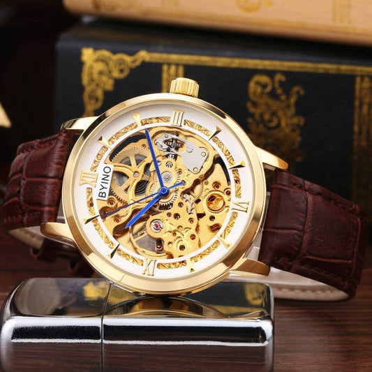 Authentic Mens Casual Leather Hollowing Automatic Mechanical Watches Through The End Of The Golden Youth Men's Wholesale Waterproof - Mubimart
