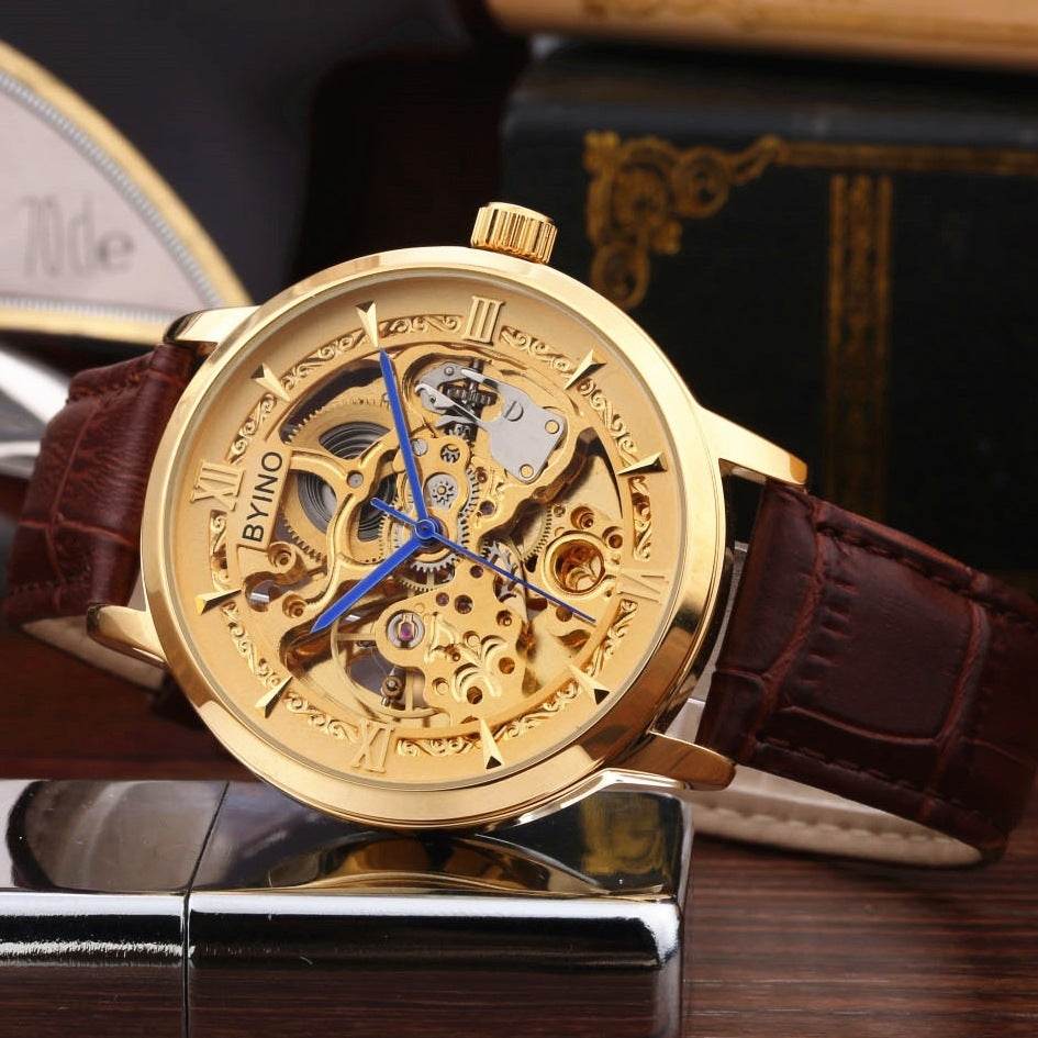 Authentic Mens Casual Leather Hollowing Automatic Mechanical Watches Through The End Of The Golden Youth Men's Wholesale Waterproof - Mubimart