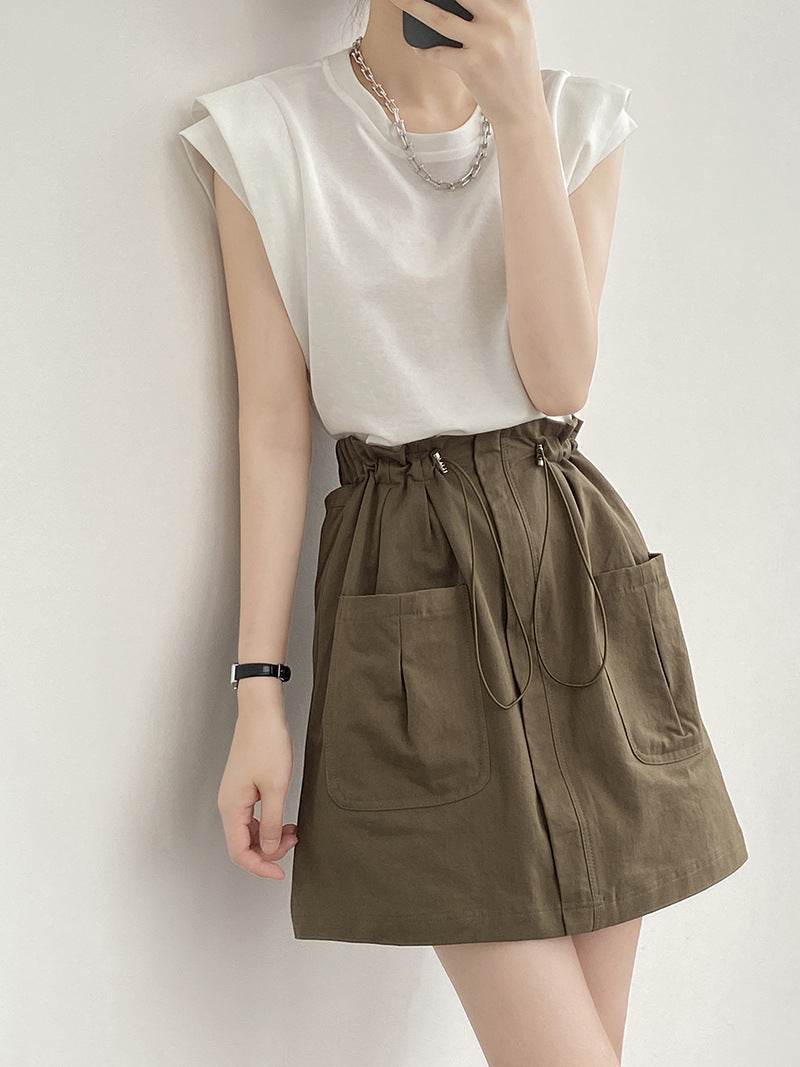 Drawstring Elastic Waist Skirt Large Workwear With Pocket Skirt - Mubimart