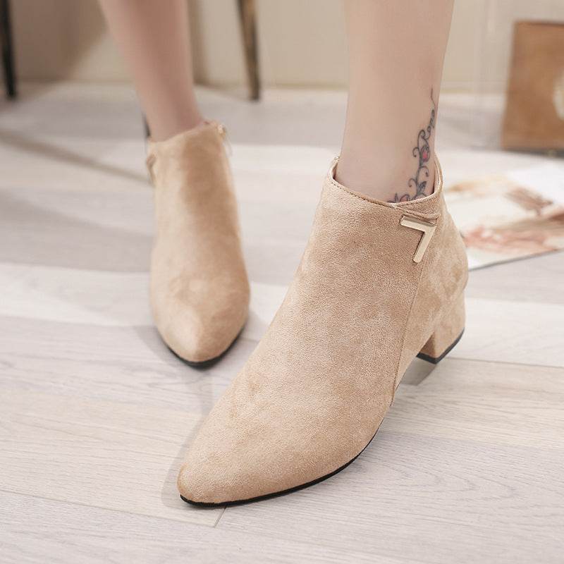 Block Heel Suede Pointed Toe Low-Heel Short Boots - Mubimart