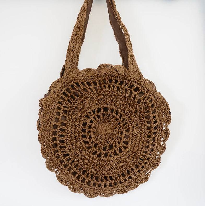 Bohemian Straw Bags for Women Big Circle Beach Handbags Summer Vintage Rattan Bag Handmade Kintted Travel Bags - Mubimart