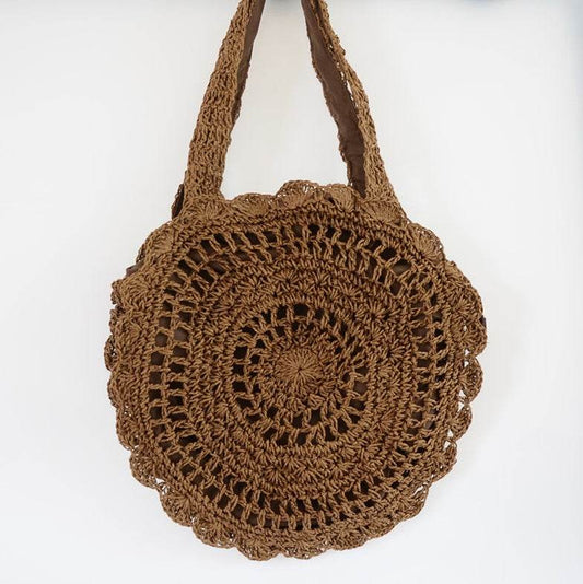 Bohemian Straw Bags for Women Big Circle Beach Handbags Summer Vintage Rattan Bag Handmade Kintted Travel Bags - Mubimart