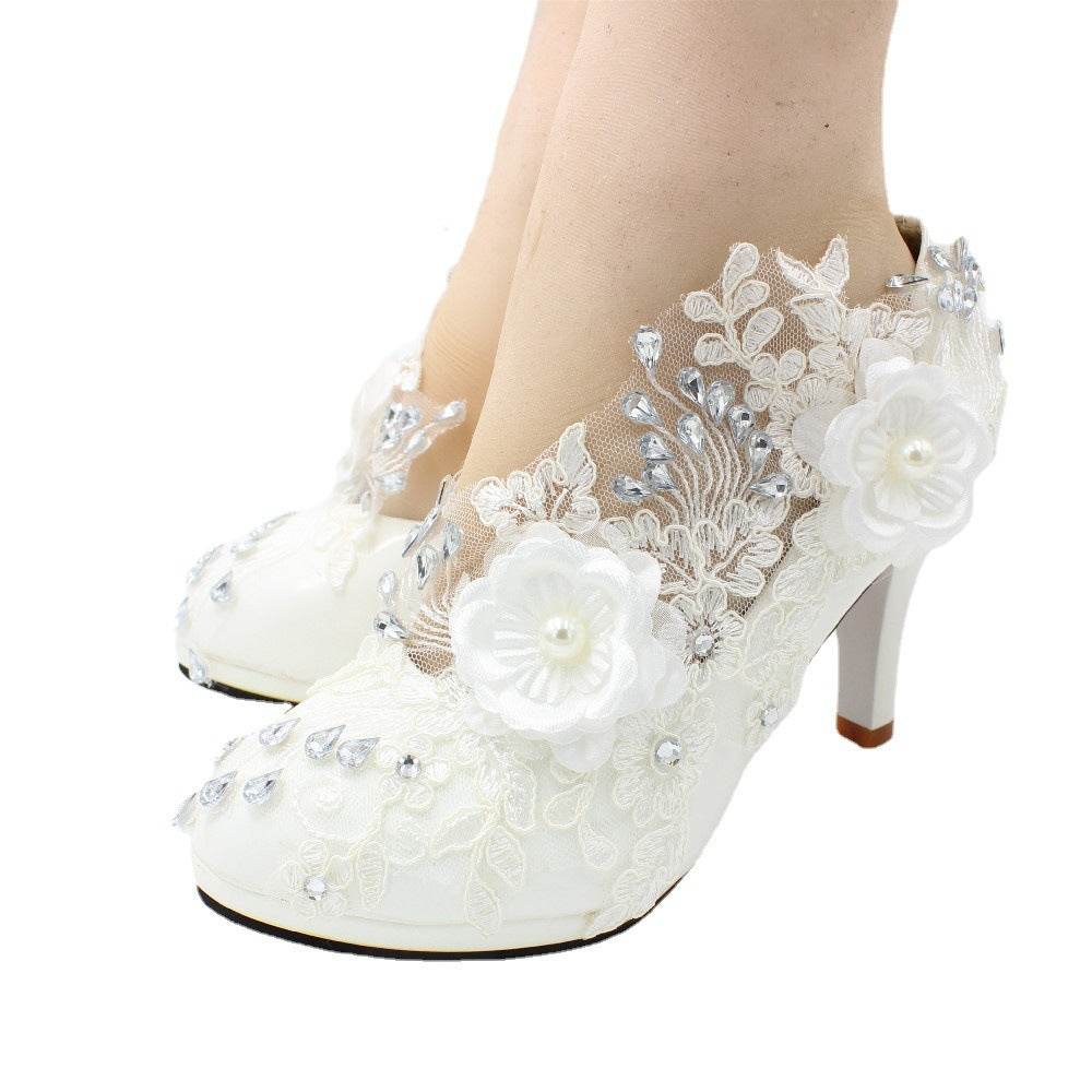 3D Floral White Lace High Heels - Mubimart