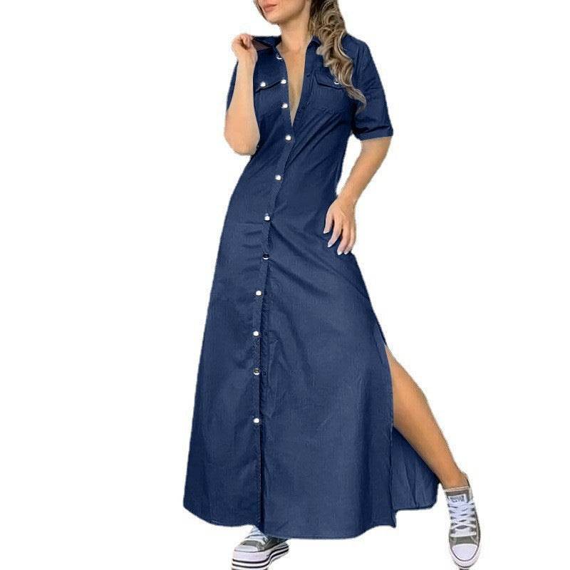 Women's Solid Color Button Denim Plus Size Long Dress - Mubimart