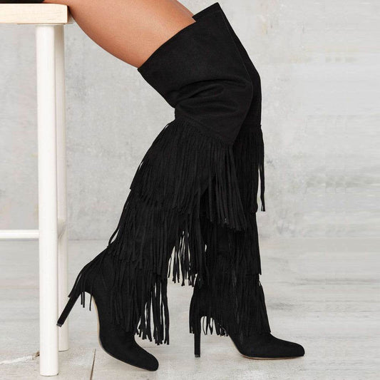 Fringed High Heel Over The Knee Boots - Mubimart