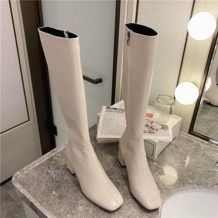 But Women's Knee Side Zipper Square Toe Boots - Mubimart