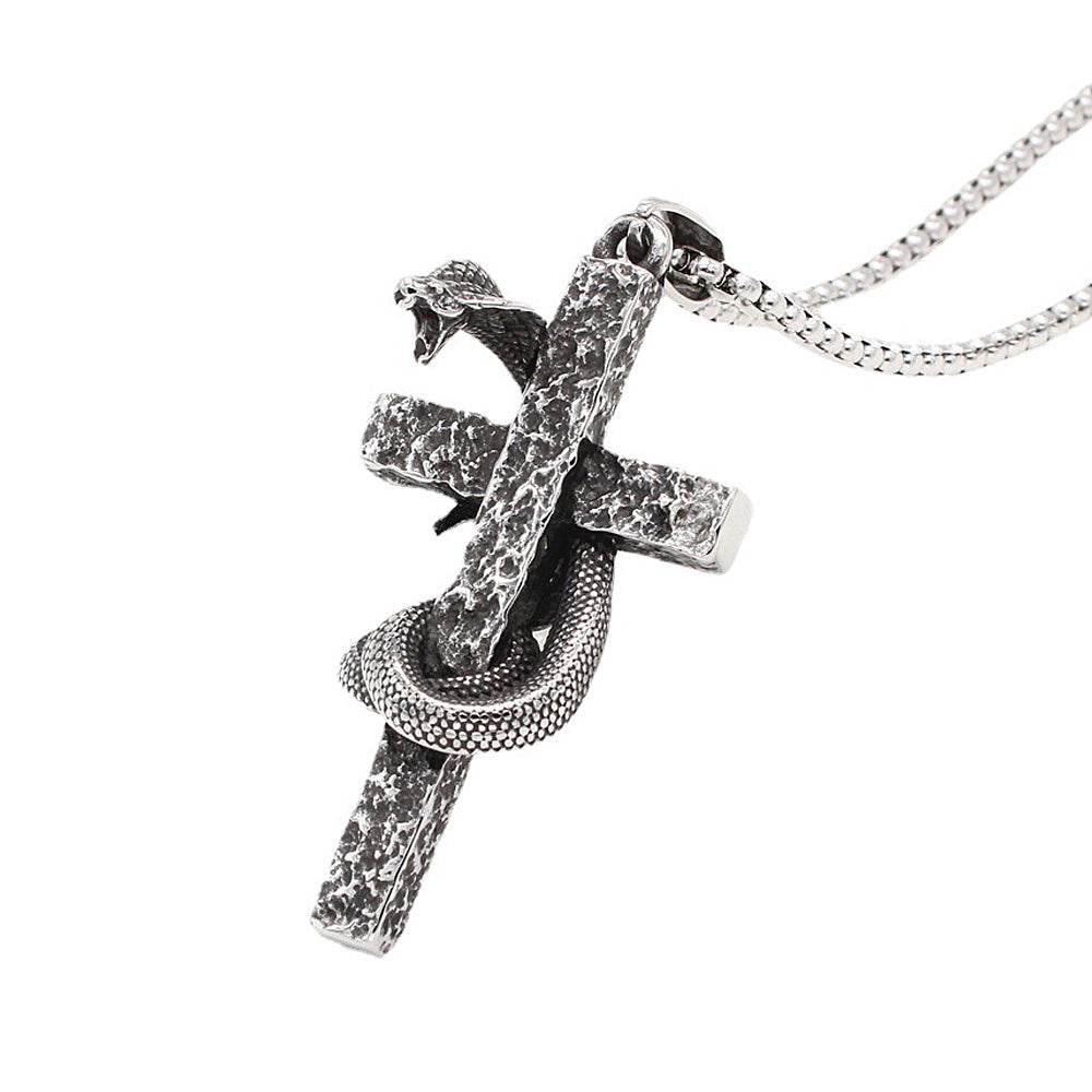 Mens Fashion Vintage Solid Three-dimensional Cobra Cross Pendant Necklace - Mubimart