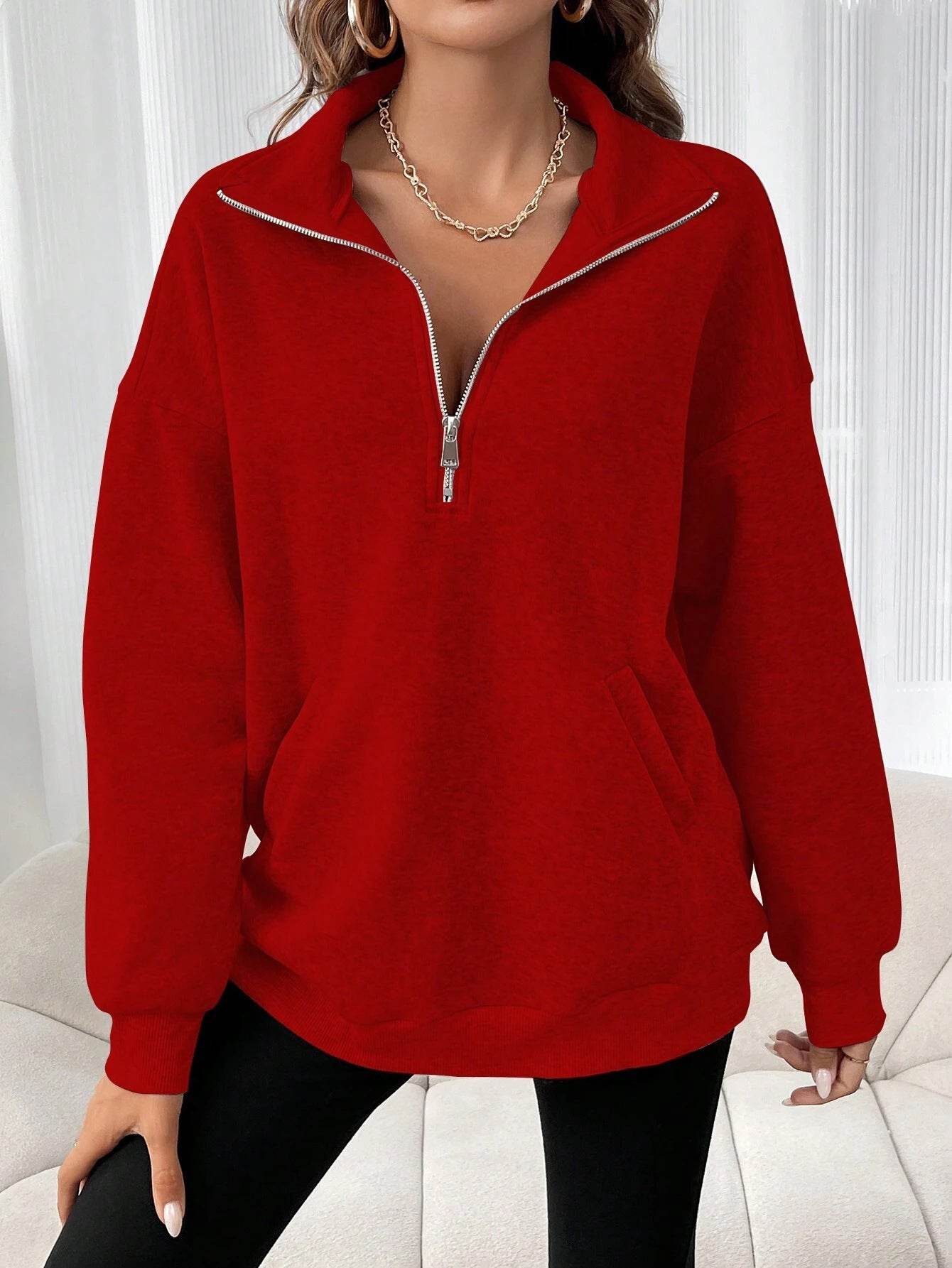 Polo Collar Solid Color Casual Women's Hoodie - Mubimart