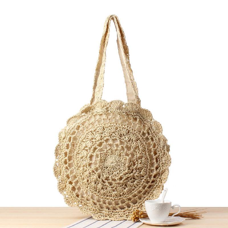 Round Straw Bags Women Summer Rattan Bag Handmade Woven Beach Cross Body Bag - Mubimart