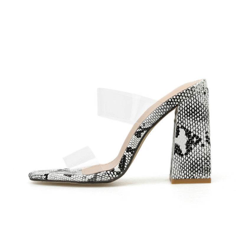 Clear Strap Snakeskin Chunky Heeled Mules - Mubimart