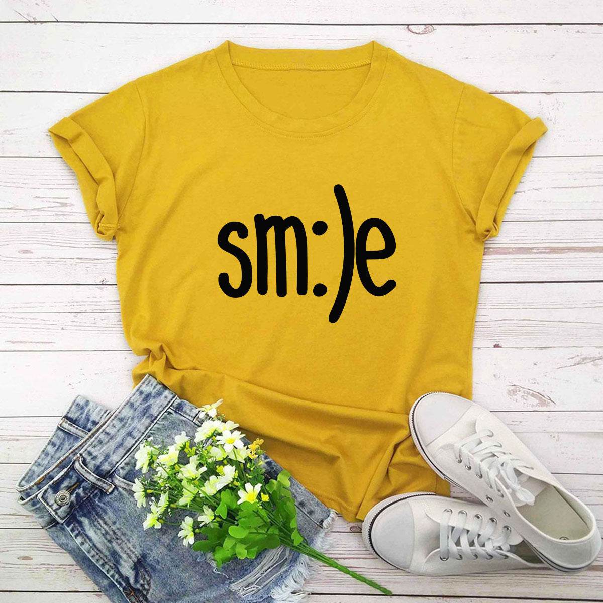 S-5XL Plus Size TShirt Women New Smile Letter Printed Shirt O Neck Short Sleeve Tees Summer Top 100%cotton Women's T-shirts - Mubimart