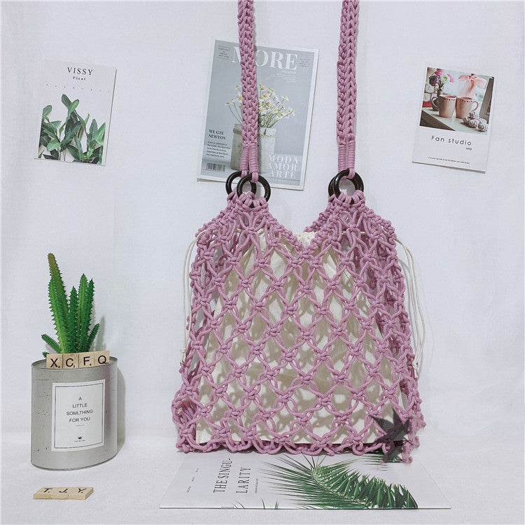 Women One Shoulder Hand Straw Beach Bag - Mubimart