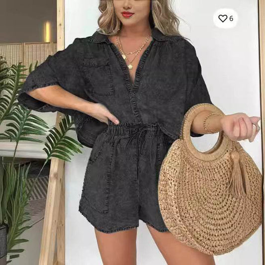 2pcs Loose Denim Suits Summer Casual Bat Sleeve Shirt And Drawstring Shorts With Pockets Women's Set - Mubimart