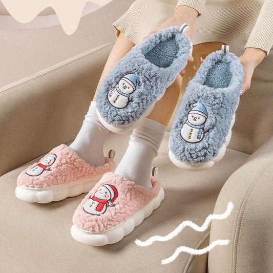 Cute Snowman Slippers Winter Indoor Household Warm Plush Thick-Soled Anti-slip Couple Home Slipper Soft Floor Bedroom House Shoes - Mubimart