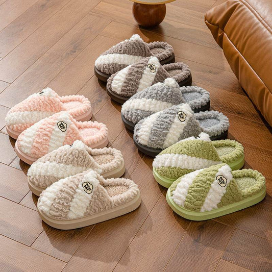 Fashion Color-matching Home Slippers Non-slip Couple House Shoes Winter Warm Floor Bedroom Slipper For Women Men - Mubimart