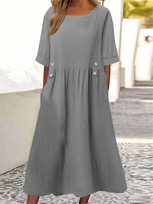 Plus Size Casual Round Neck Shirt With Half Sleeve Button Dress Women - Mubimart