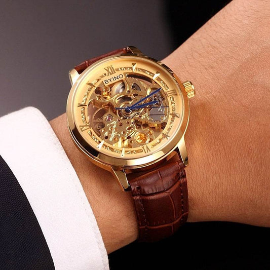 Authentic Mens Casual Leather Hollowing Automatic Mechanical Watches Through The End Of The Golden Youth Men's Wholesale Waterproof - Mubimart