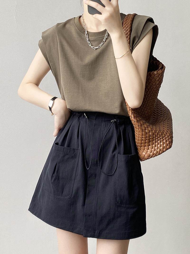 Drawstring Elastic Waist Skirt Large Workwear With Pocket Skirt - Mubimart