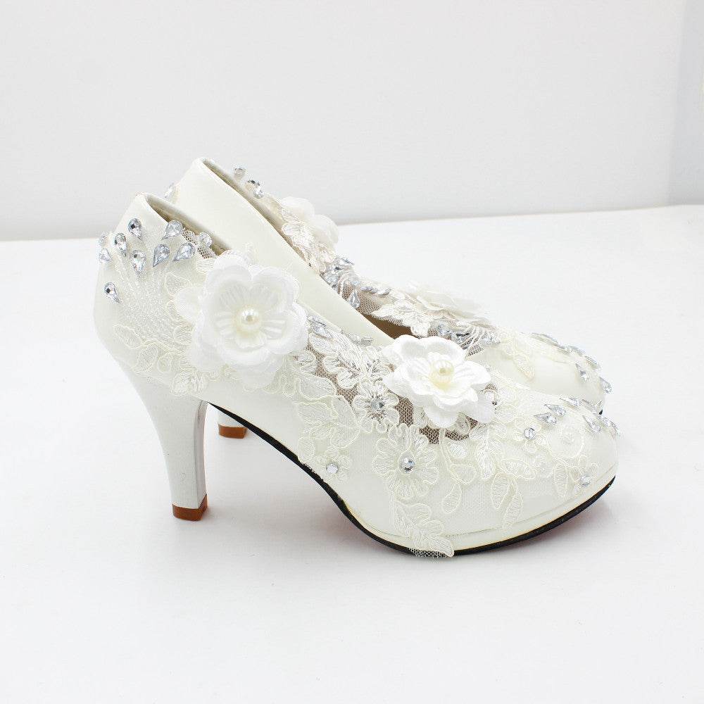 3D Floral White Lace High Heels - Mubimart
