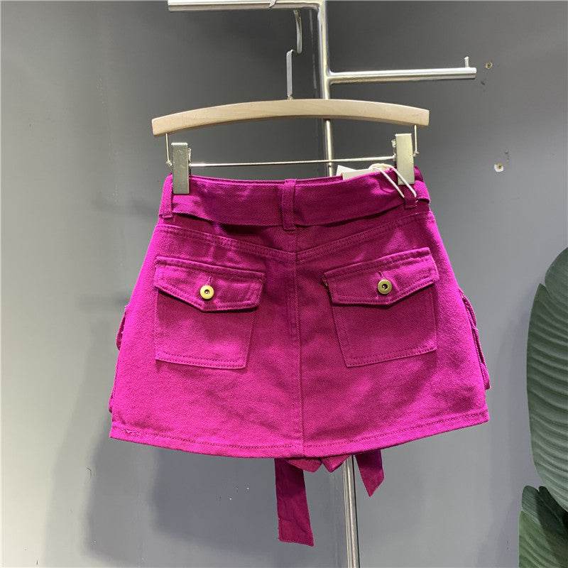 Women's Flamingo Color Denim Work Dress Short Skirt - Mubimart