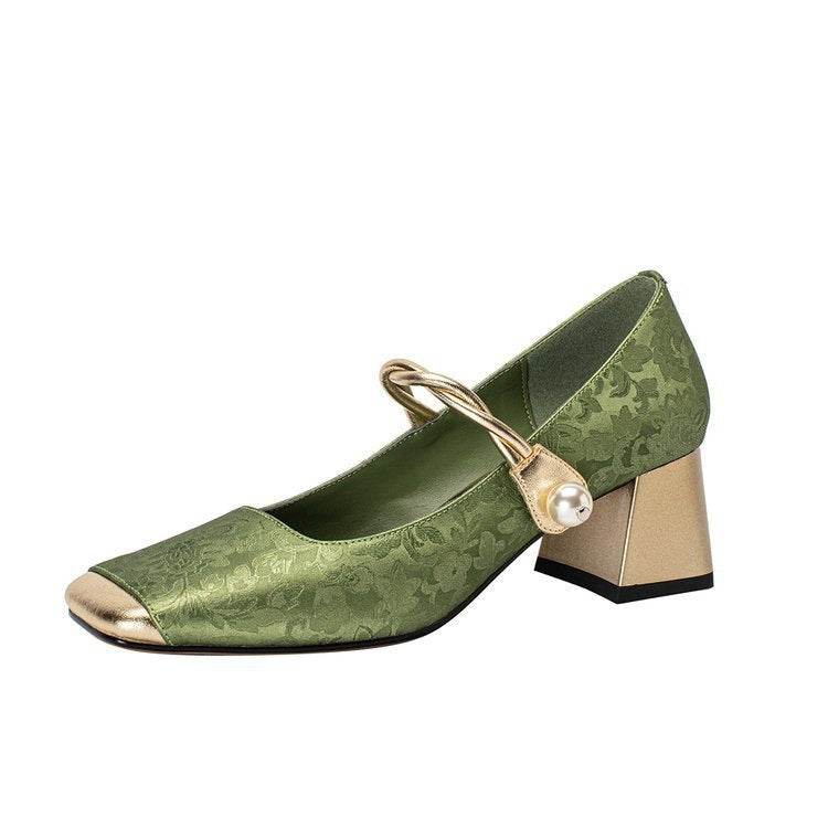 Chinese Style French Entry Lux Embossed Silk Kitten Heels Matching Square Head With Thick - Mubimart
