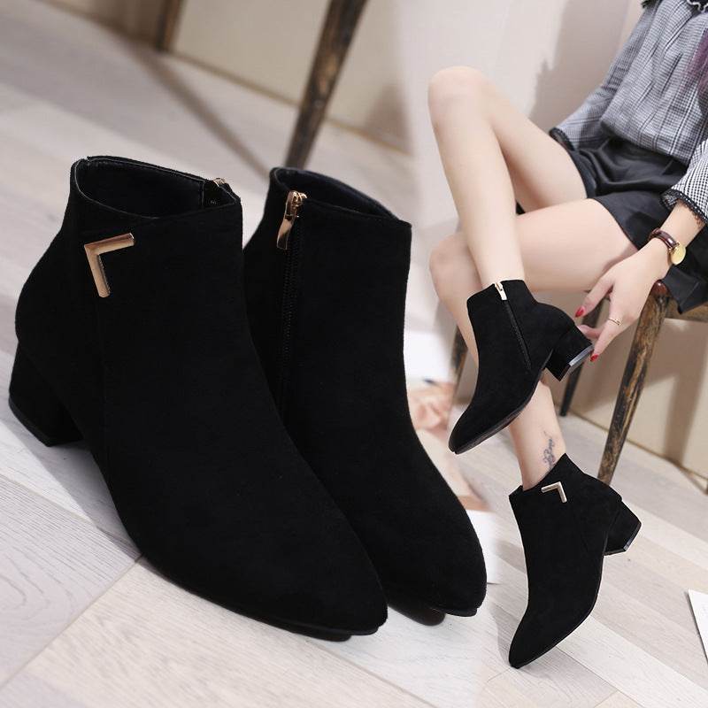 Block Heel Suede Pointed Toe Low-Heel Short Boots - Mubimart