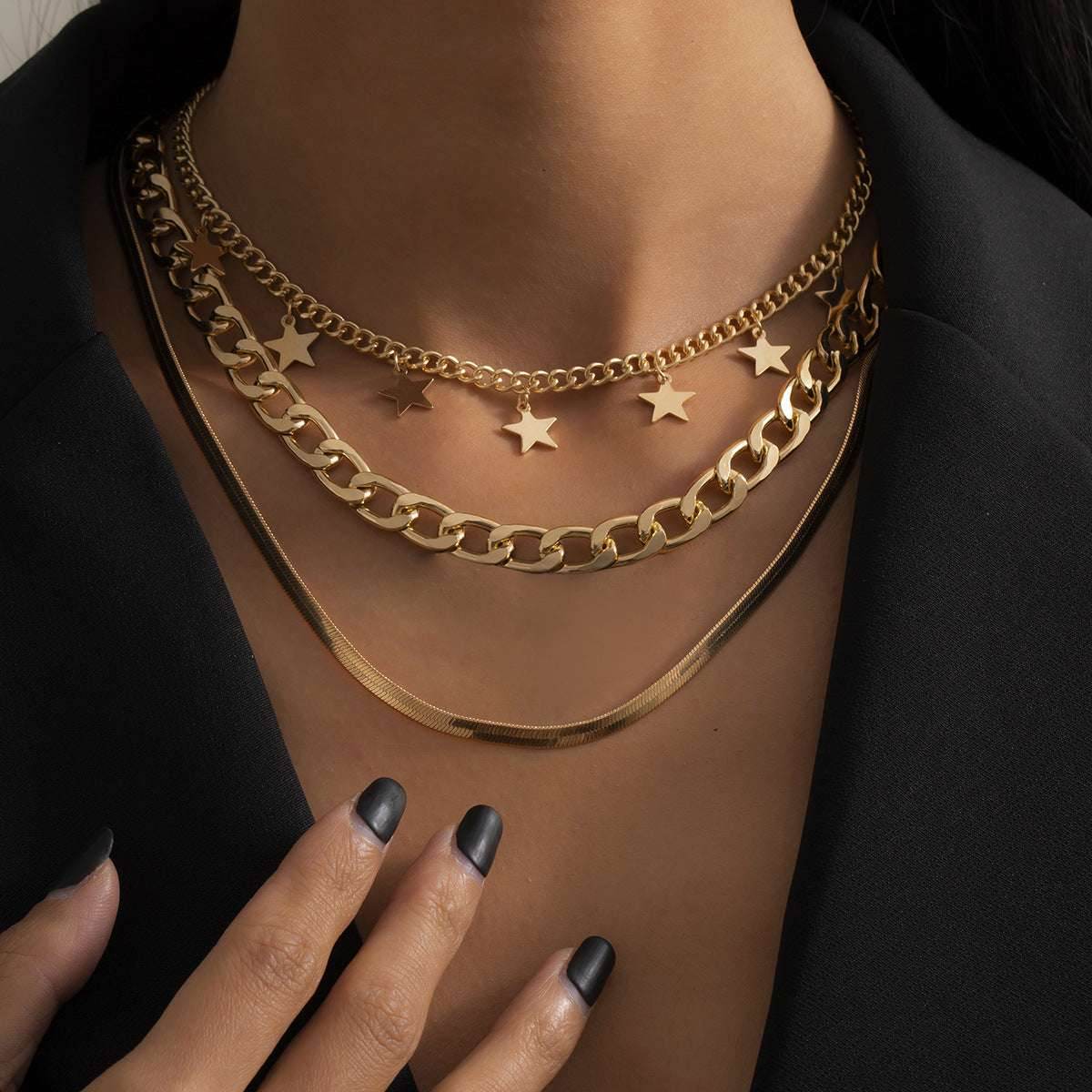 Multilayer Star Choker Necklaces for Women Punk Geometric Snake Chain - Mubimart