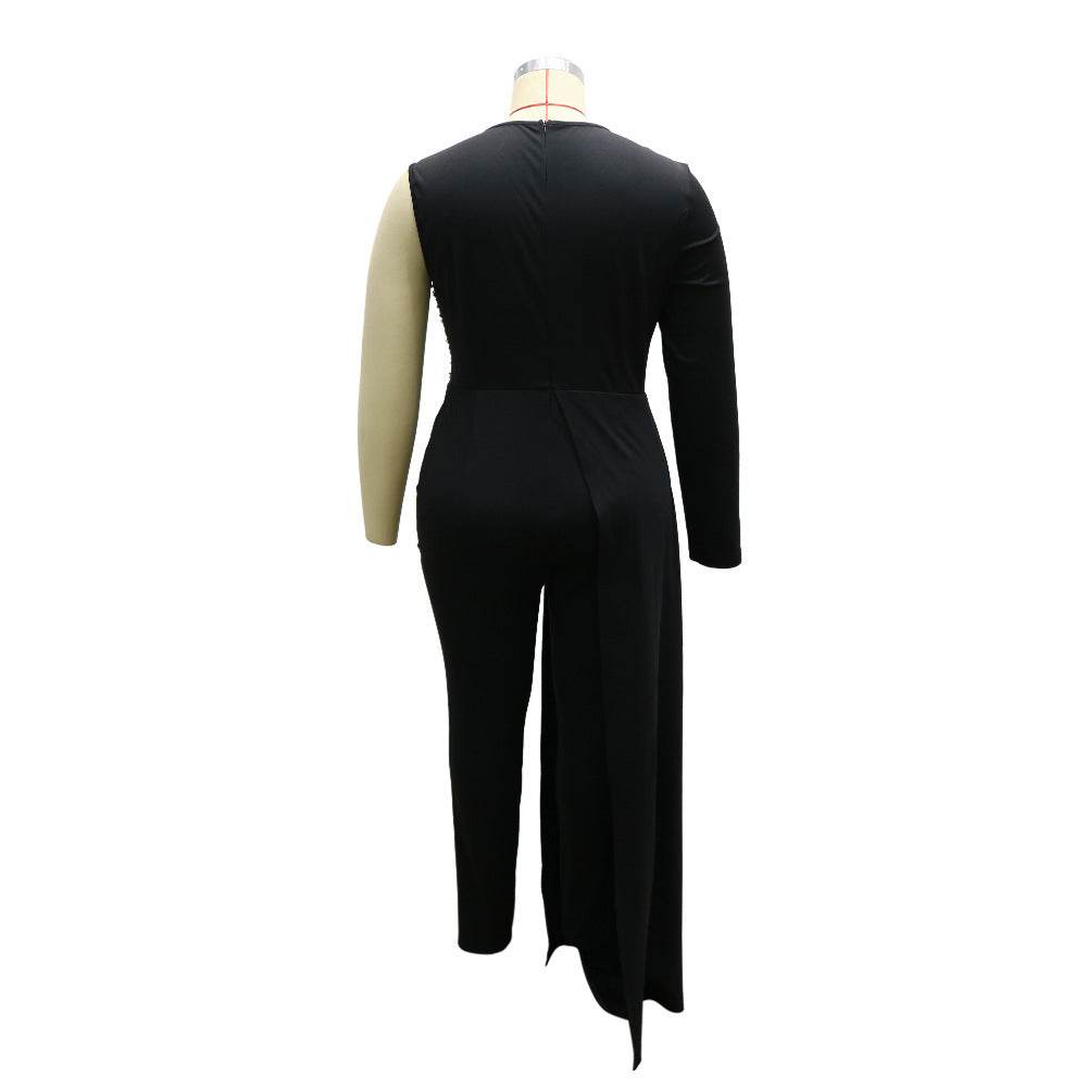 V-neck Sequin Covered Hip Plus Size Jumpsuit - Mubimart