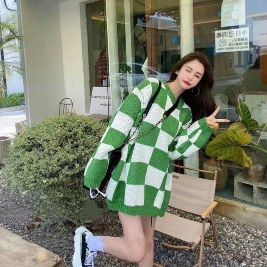 Women Plus Size Checkerboard Check Sweater - Mubimart
