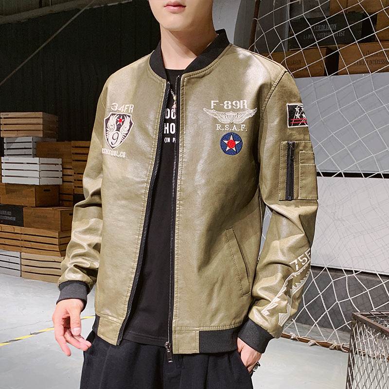 Men's Motorcycle Leather Jacket Embroidered Leather Jacket - Mubimart