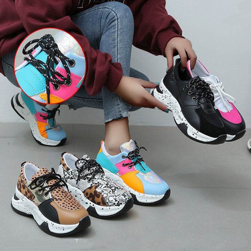 Leopard Print Sneakers Women Lace Up Walking Running Sports Shoes - Mubimart