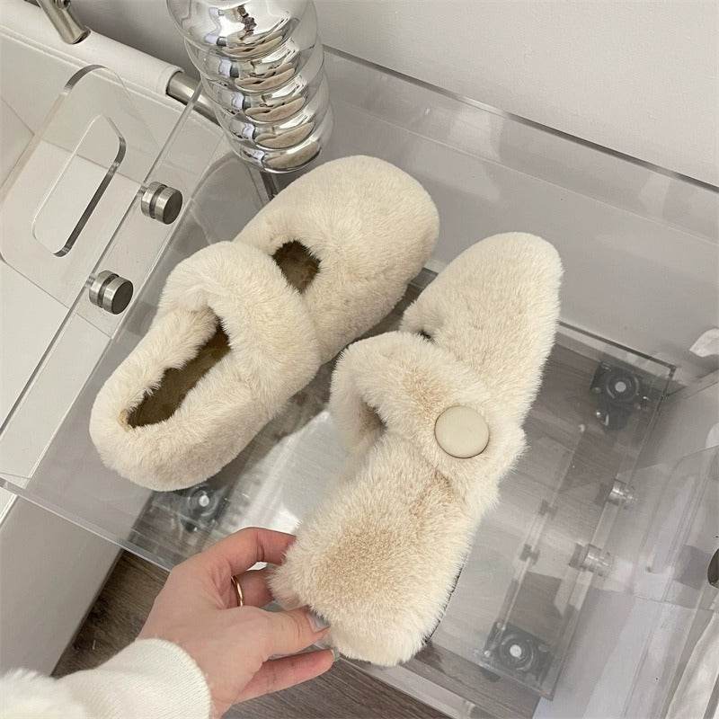 Mary Jane Fluffy Shoes Women's Winter Outerwear Flats - Mubimart