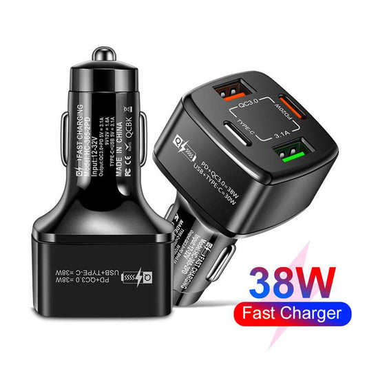 38W Multi-port Mobile Phone Charger 2USB PD Type-c Fast Charge QC30 Car Charger Type-c Cigarette Lighter 20W - Mubimart