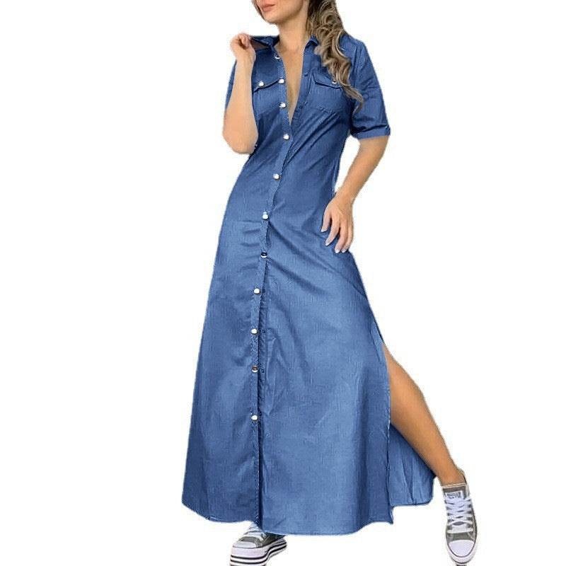 Women's Solid Color Button Denim Plus Size Long Dress - Mubimart