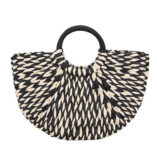Half round straw bag ladies handbag beach woven women bag - Mubimart