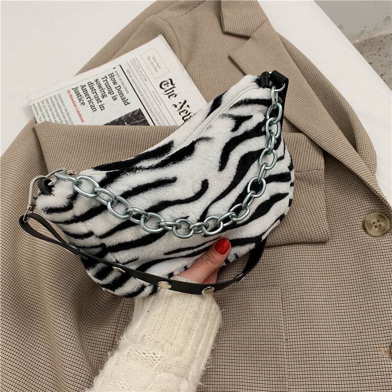 Leopard Pattern Plush Bag Personality Diagonal Women Bag Chain Bag Bag Shoulder - Mubimart