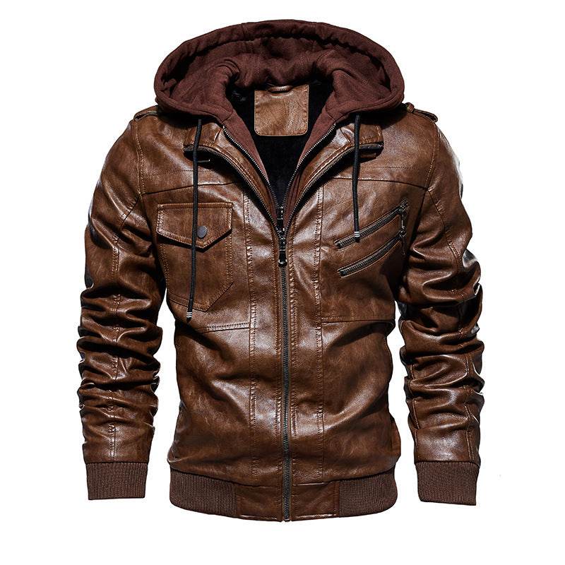 Men's Leather Jacket Men's PU Leather Hooded Leather Jacket - Mubimart