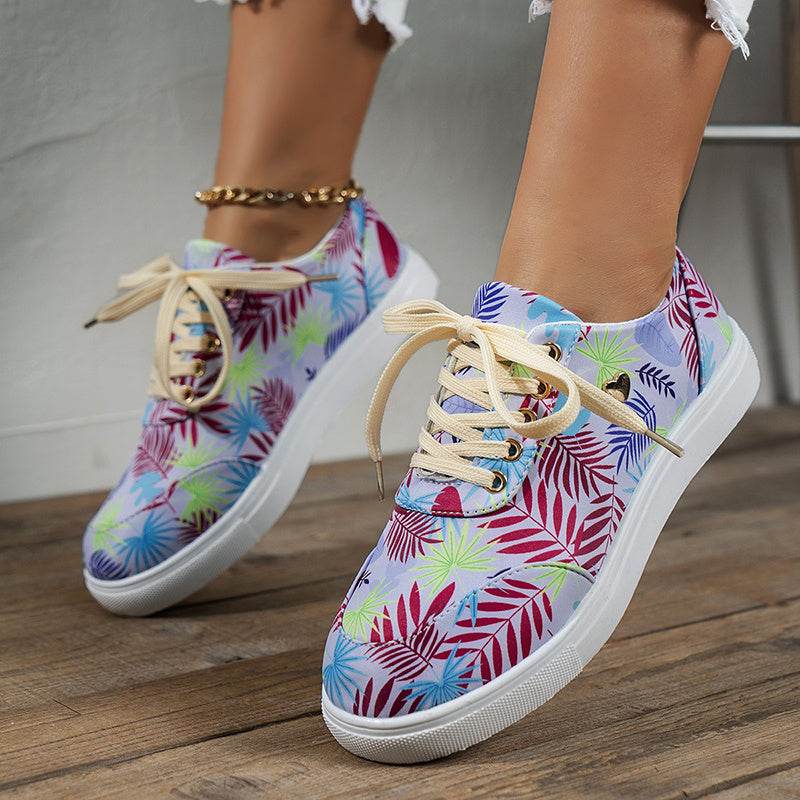 Canvas Shoes For Women Lace-Up Flats Leaves Print Casual Sneakers Round Toe Shoes - Mubimart
